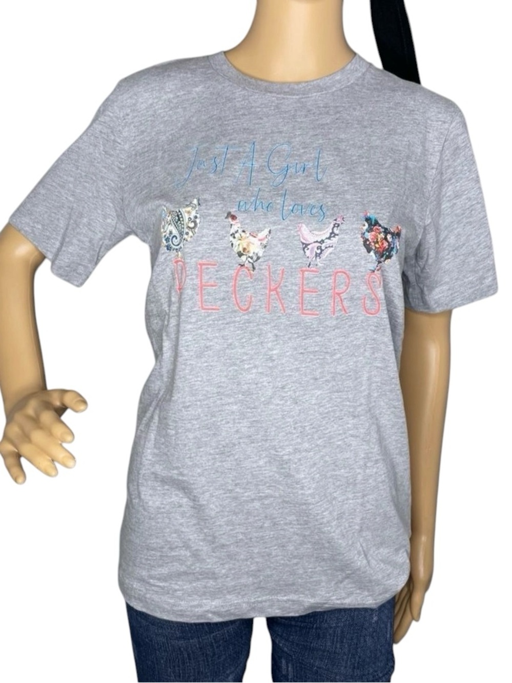 NWT Bella Canvas Just a Girl Who Loves Peckers Tshirt Gray Colorful Chickens S